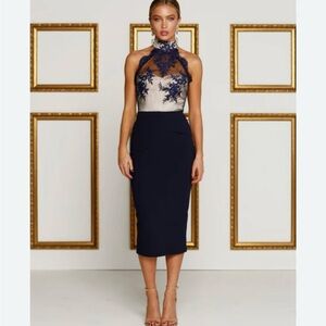 Alamour The Label Navy and Nude Halter Lace Bodice Evening Dress